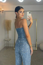 Women's Glamorous Strapless Sequin Crop Top and High-Waisted Jeans Set