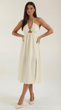 Elegant Midi Dress with Halter Neck and Chic Front Cut-Out for Women