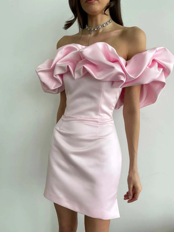 Elegant Off-Shoulder Mini Dress with Oversized Ruffles and Fitted Skirt