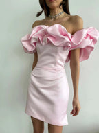 Elegant Off-Shoulder Mini Dress with Oversized Ruffles and Fitted Skirt