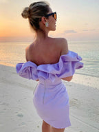 Elegant Off-Shoulder Mini Dress with Oversized Ruffles and Fitted Skirt