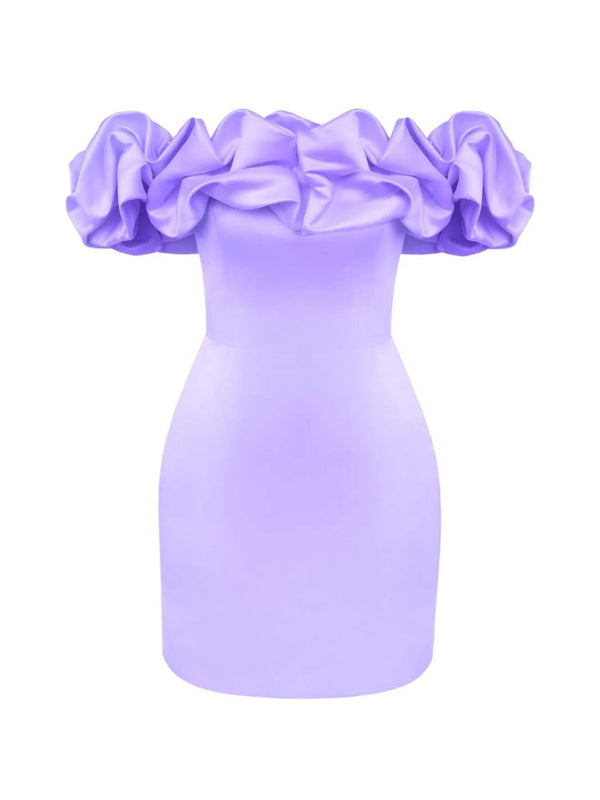 Elegant Off-Shoulder Mini Dress with Oversized Ruffles and Fitted Skirt