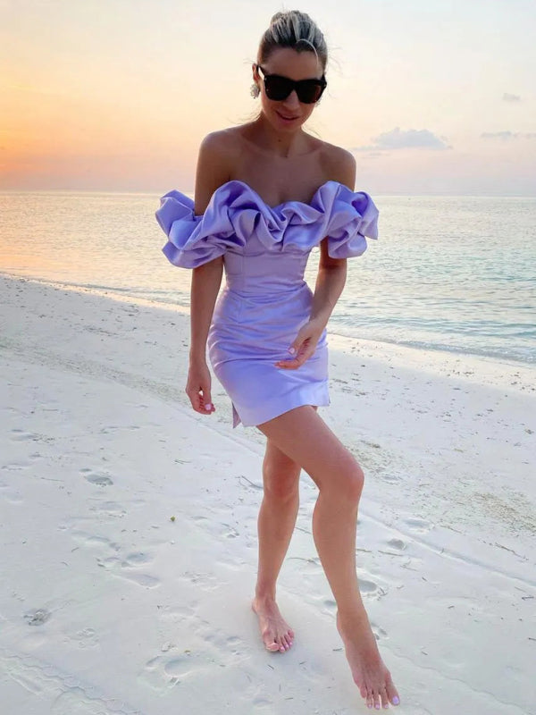 Elegant Off-Shoulder Mini Dress with Oversized Ruffles and Fitted Skirt