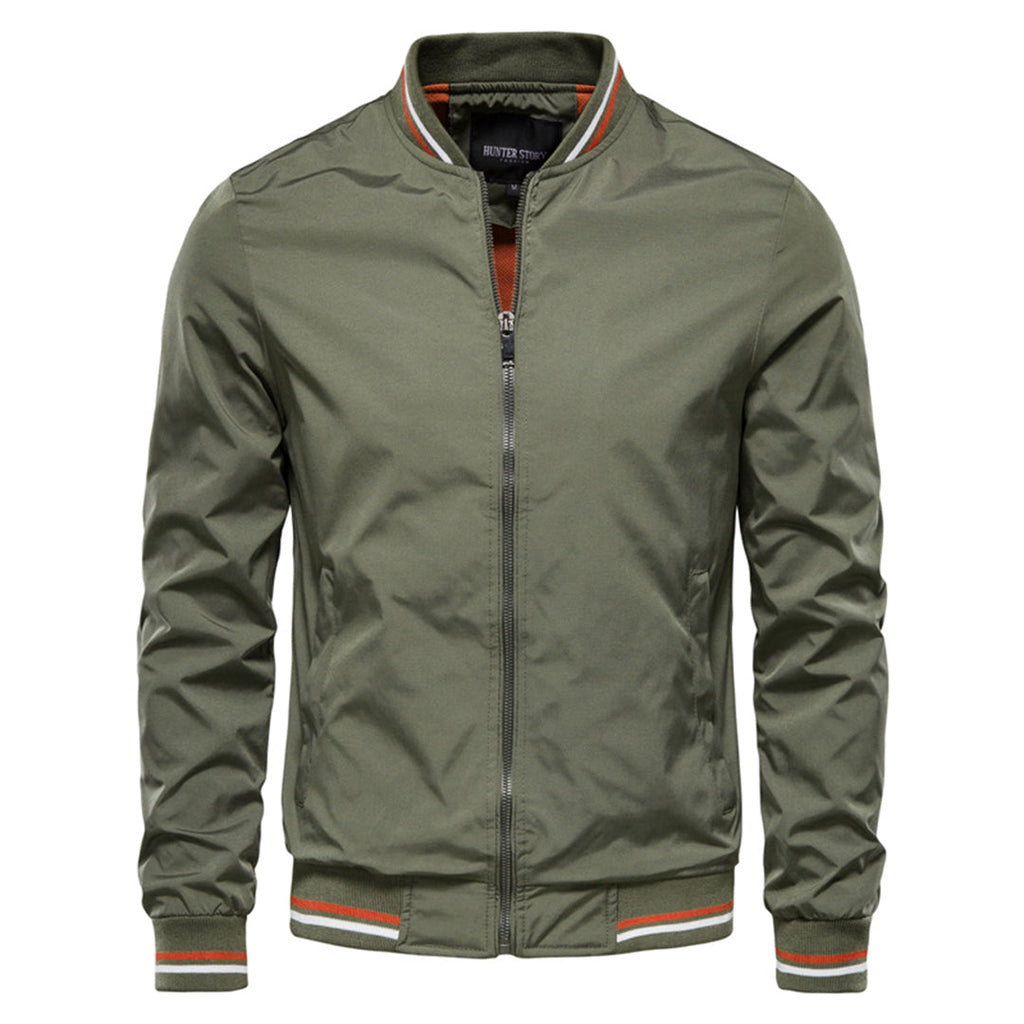 Men's Bomber Jacket with Full Zip Closure and Ribbed Stand Collar