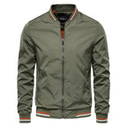 Men's Bomber Jacket with Full Zip Closure and Ribbed Stand Collar