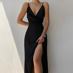 Women's Elegant V-neck Maxi Dress with Pleated Details