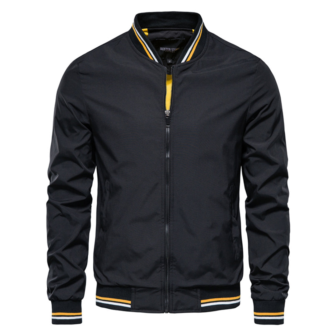 Men's Bomber Jacket with Full Zip Closure and Ribbed Stand Collar