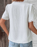 Bohemian Lace Trim V-Neck Blouse with Swiss Dot Texture
