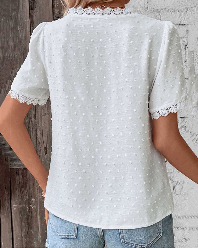 Bohemian Lace Trim V-Neck Blouse with Swiss Dot Texture