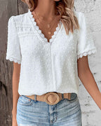Bohemian Lace Trim V-Neck Blouse with Swiss Dot Texture