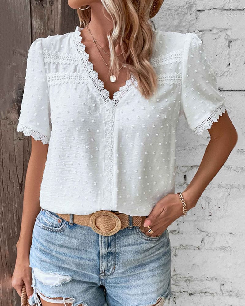 Bohemian Lace Trim V-Neck Blouse with Swiss Dot Texture