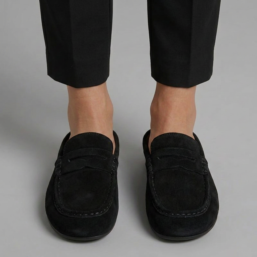 Women's Soft Suede Closed Toe Mule Loafers with Penny Strap Detail