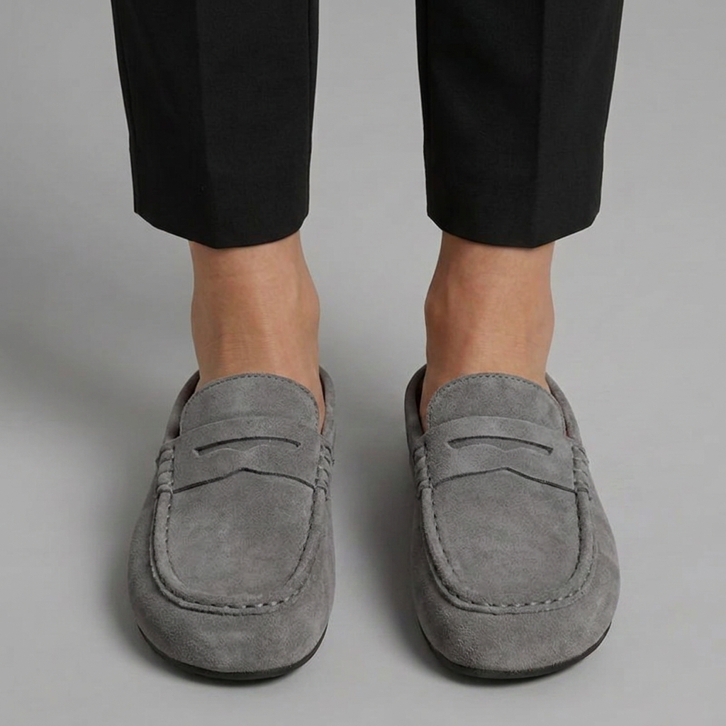 Women's Soft Suede Closed Toe Mule Loafers with Penny Strap Detail
