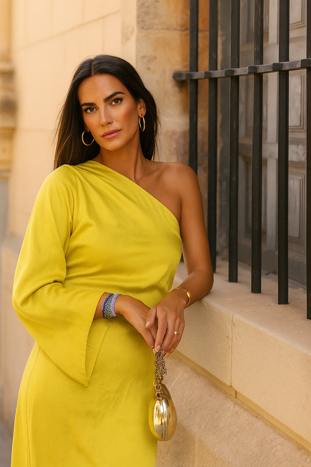 One-Shoulder Maxi Dress with Tailored Fit and Long Sleeves