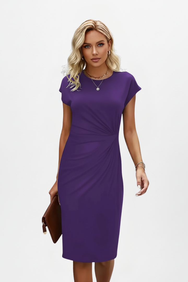 Knee-Length Women's Dress with Cap Sleeves and Gathered Waist Detail