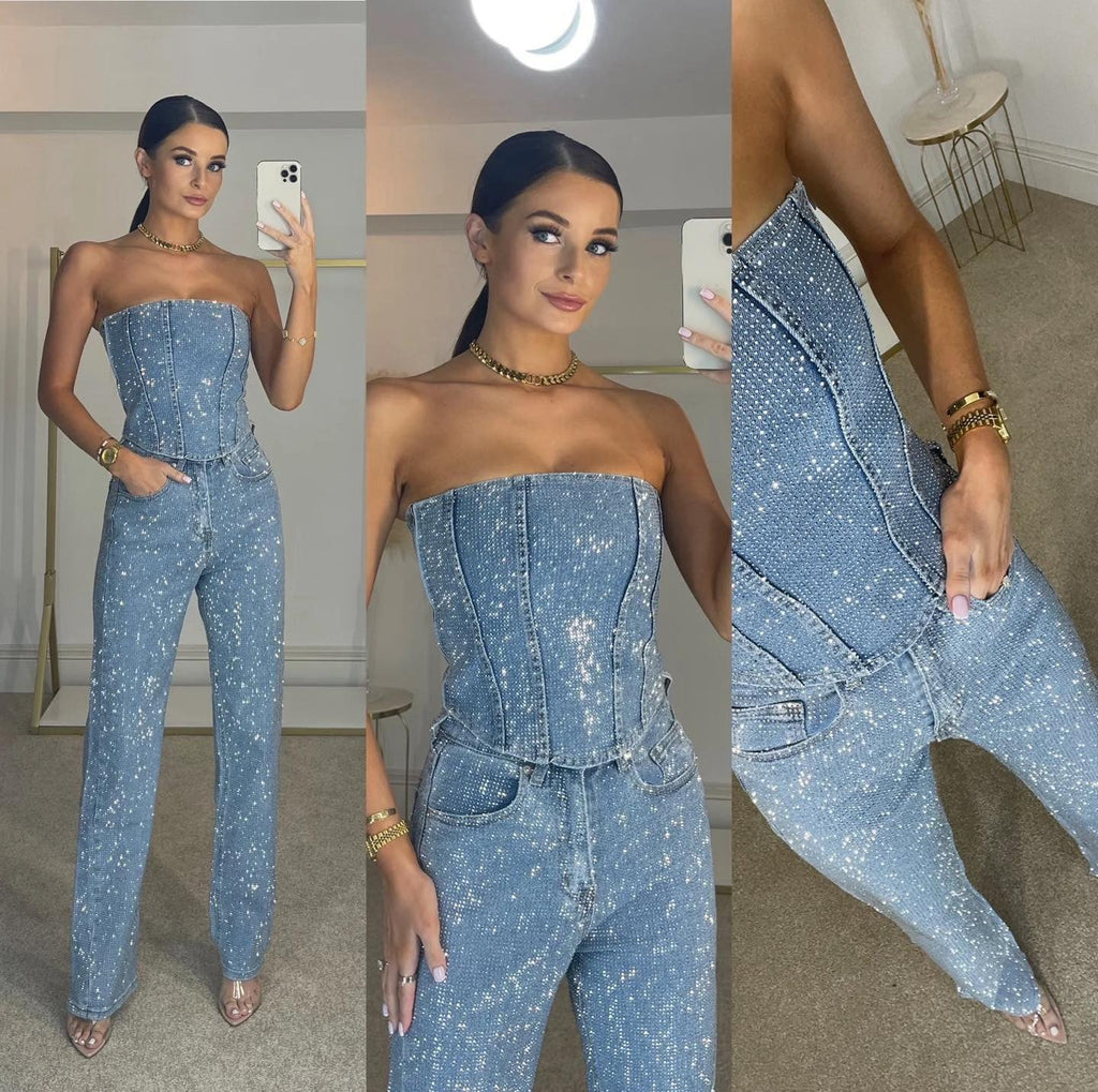 Women's Glamorous Strapless Sequin Crop Top and High-Waisted Jeans Set