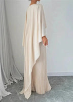 Cape Sleeve Pleated Maxi Dress with Round Neck for Elegant Occasions