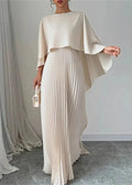 Cape Sleeve Pleated Maxi Dress with Round Neck for Elegant Occasions