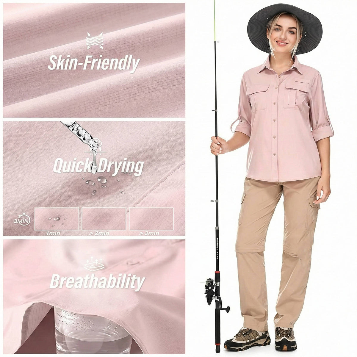 UPF 50 Long Sleeve Women's Hiking Shirt with Convertible Sleeves and Vented Back Panel
