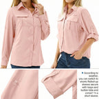 UPF 50 Long Sleeve Women's Hiking Shirt with Convertible Sleeves and Vented Back Panel