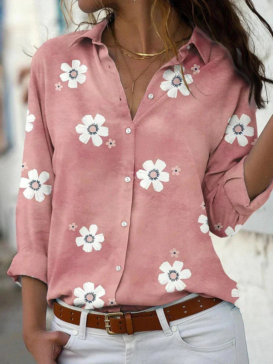 Floral Print Button Front Long Sleeve Blouse for Women