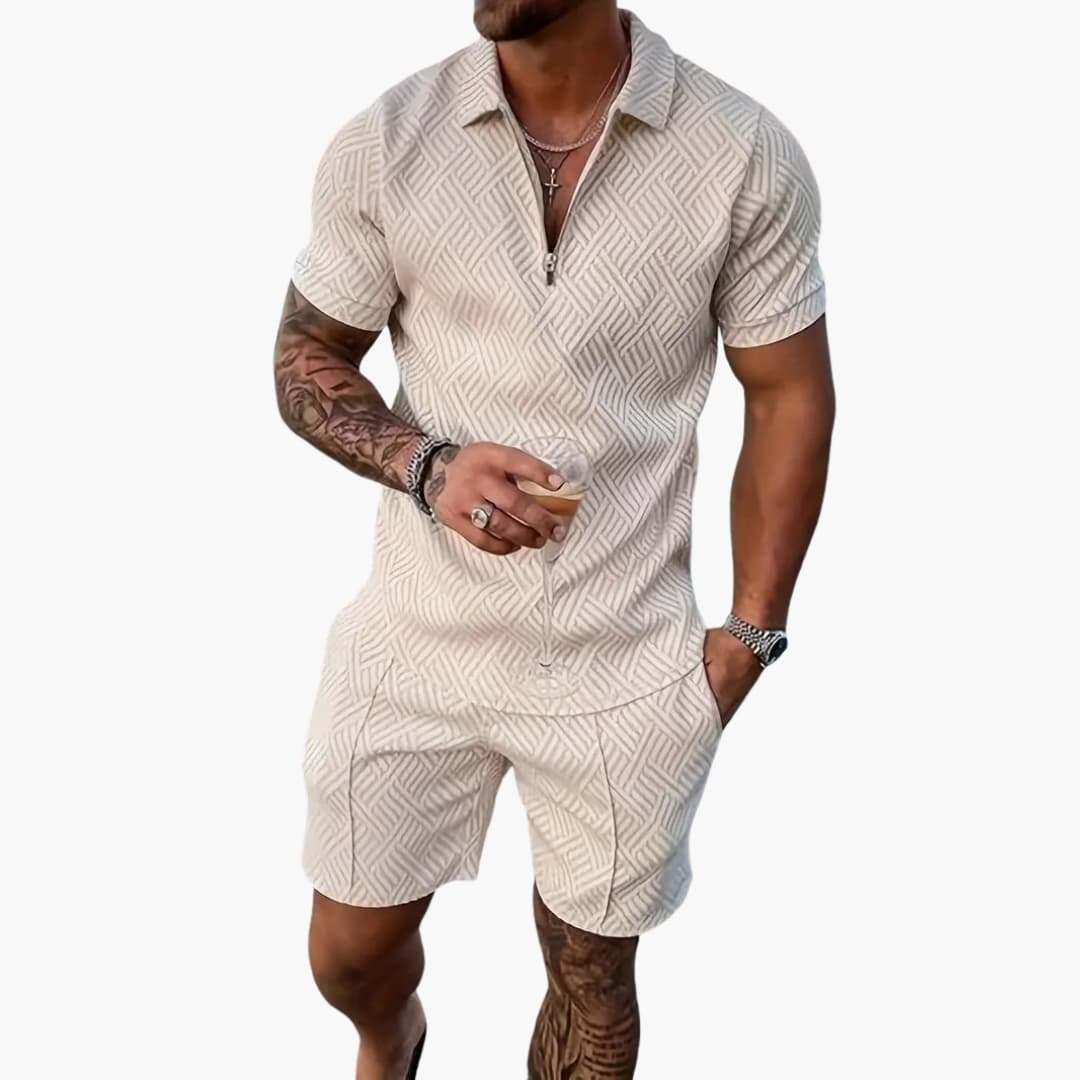 Men's V-neck Zip-Up Sweater and Mid-Length Shorts Two-Piece Set