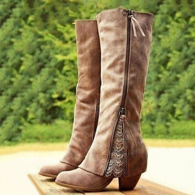 Knee-High Elegant Lace-Detail Boots