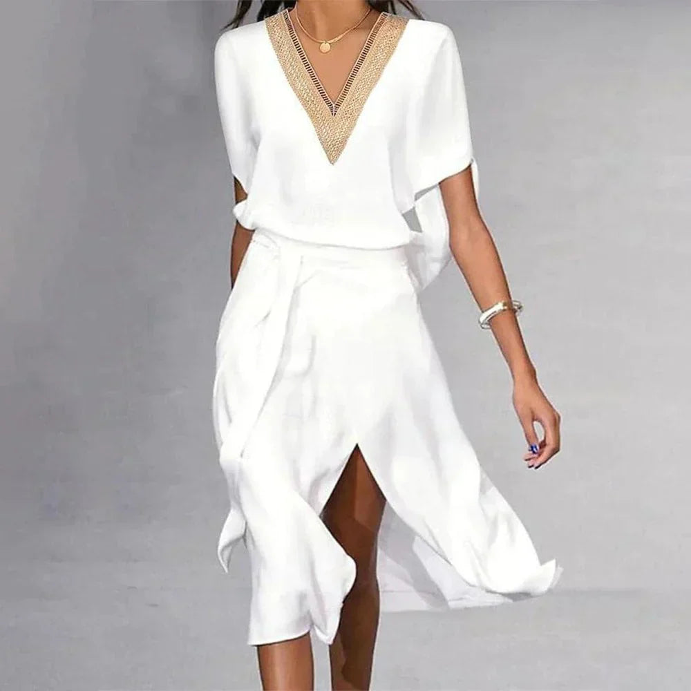 Elegant White Midi Dress with V-Neck and Minimalist Design for Women