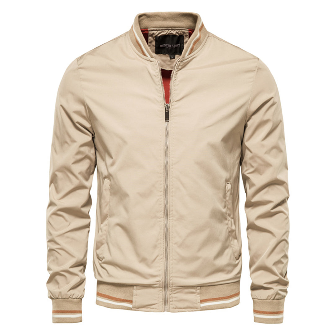Men's Bomber Jacket with Full Zip Closure and Ribbed Stand Collar