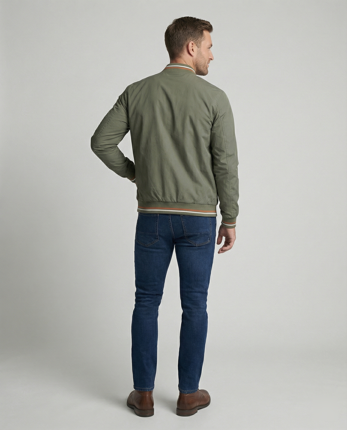 Men's Bomber Jacket with Full Zip Closure and Ribbed Stand Collar