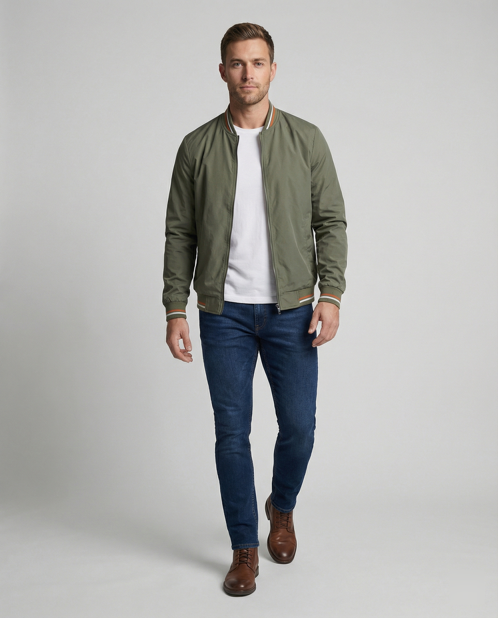 Men's Bomber Jacket with Full Zip Closure and Ribbed Stand Collar