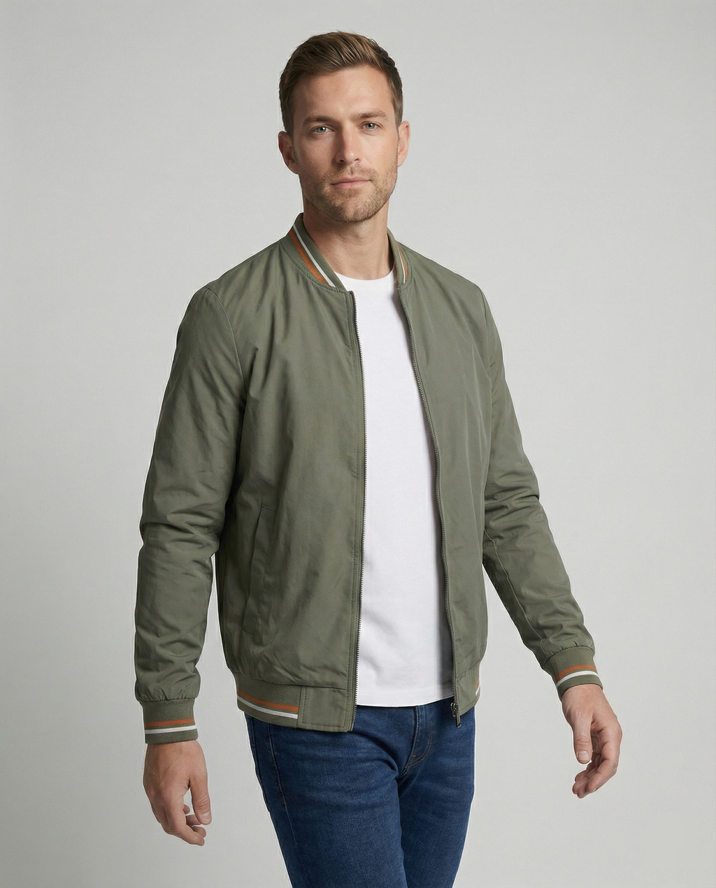 Men's Bomber Jacket with Full Zip Closure and Ribbed Stand Collar
