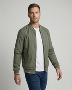 Men's Bomber Jacket with Full Zip Closure and Ribbed Stand Collar