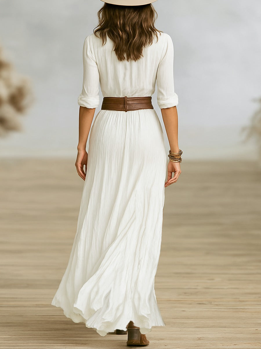 Elegant Long Belted Dress with Pleated Lapels