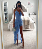 Women's Ruffle Wrap Maxi Dress with Asymmetric Hem and V Neckline