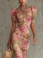Women's Romantic Rose Print Maxi Dress with Flowing Vintage Silhouette and Ruffle Hem