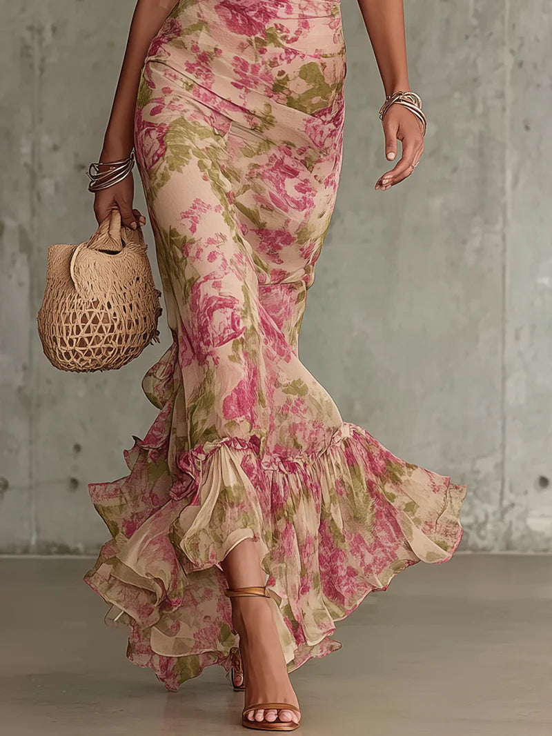 Women's Romantic Rose Print Maxi Dress with Flowing Vintage Silhouette and Ruffle Hem