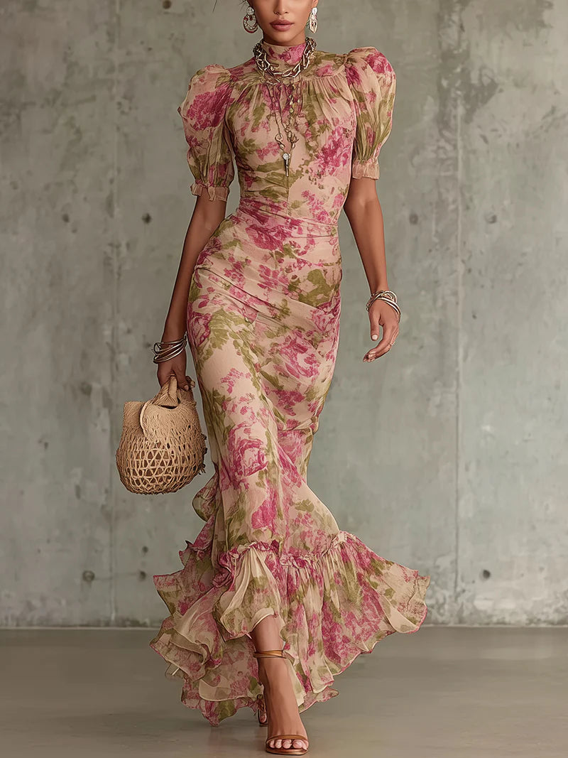 Women's Romantic Rose Print Maxi Dress with Flowing Vintage Silhouette and Ruffle Hem