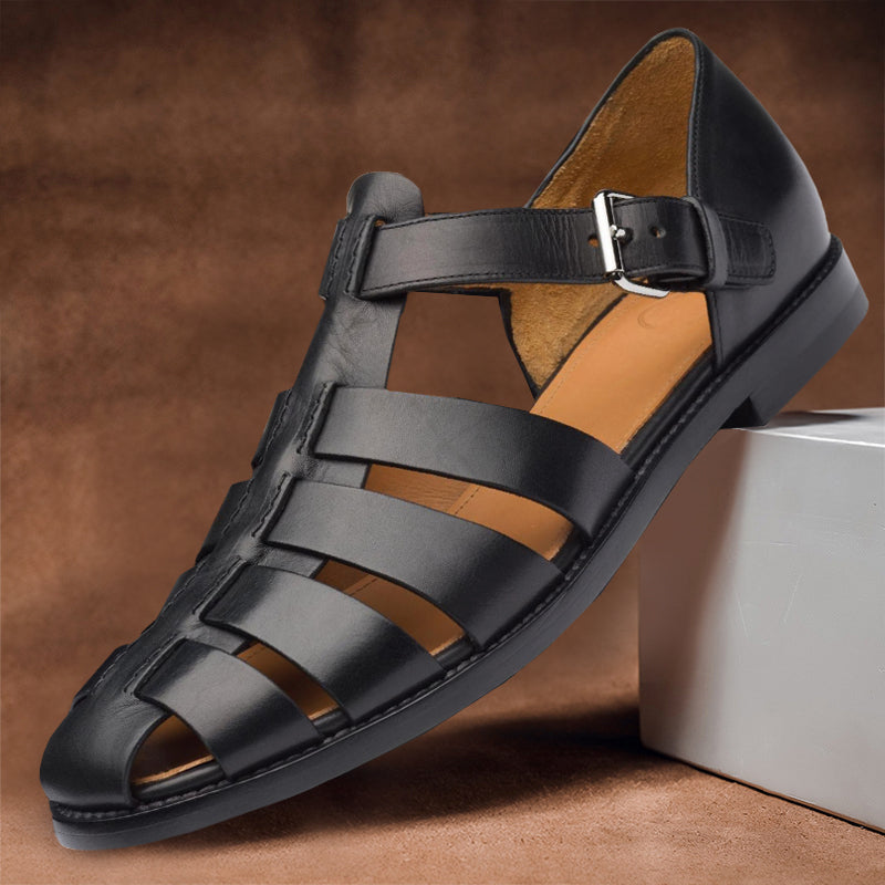 Leather Upper Men's Adjustable Strap Sandals with Textured Rubber Sole