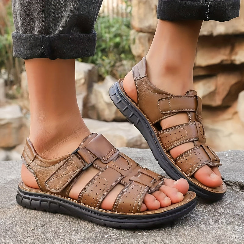 Men's Leather Slip-On Sandals with Structured Sole and Round Toe Design
