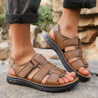 Men's Leather Slip-On Sandals with Structured Sole and Round Toe Design