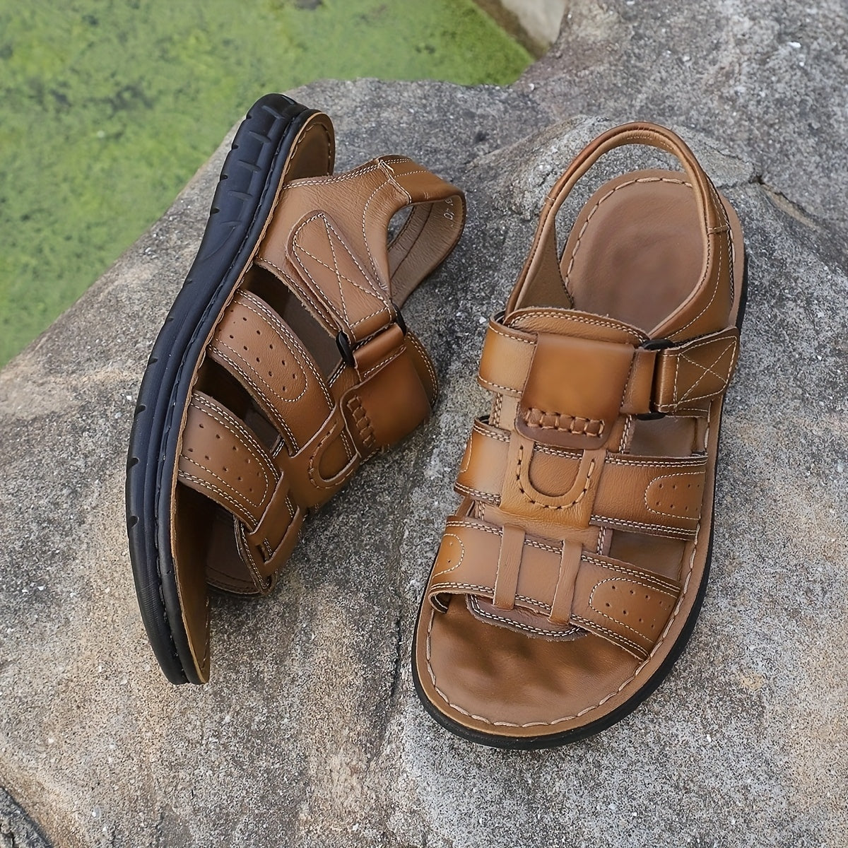 Men's Leather Slip-On Sandals with Structured Sole and Round Toe Design