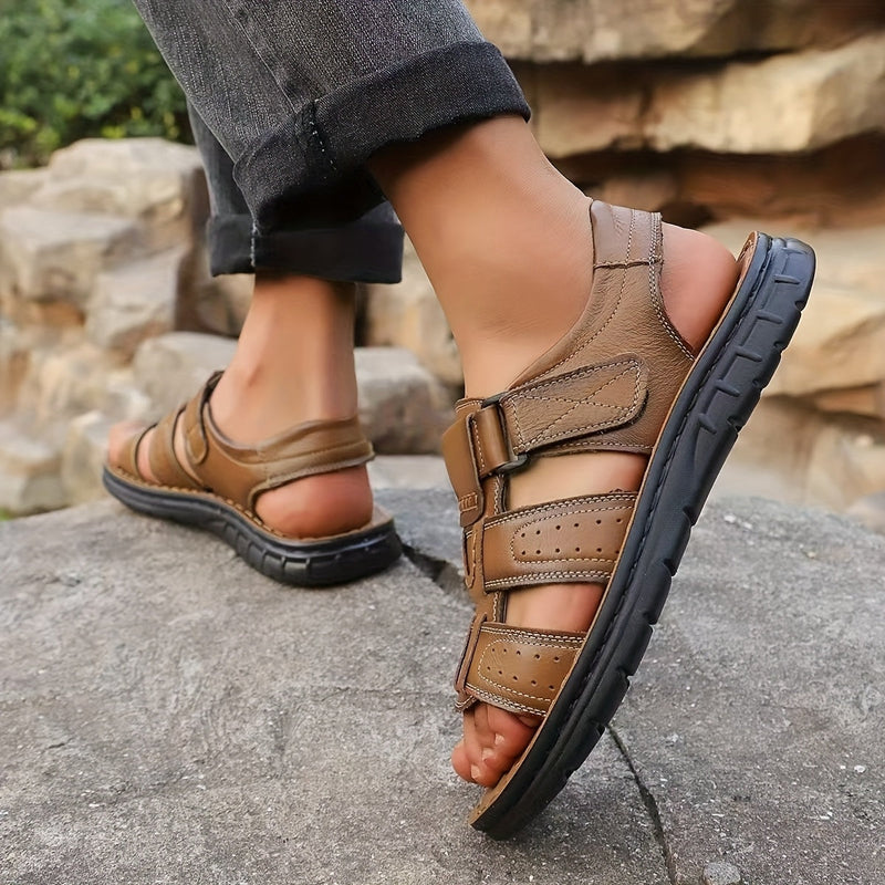 Men's Leather Slip-On Sandals with Structured Sole and Round Toe Design