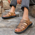 Men's Leather Slip-On Sandals with Structured Sole and Round Toe Design