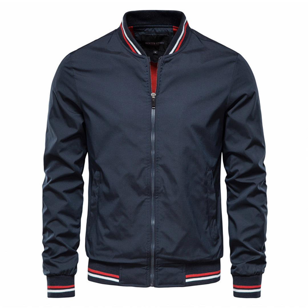 Men's Bomber Jacket with Full Zip Closure and Ribbed Stand Collar