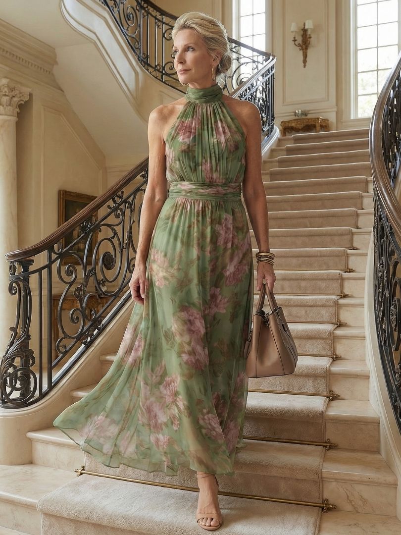 Gathered Floral Halter Midi Dress