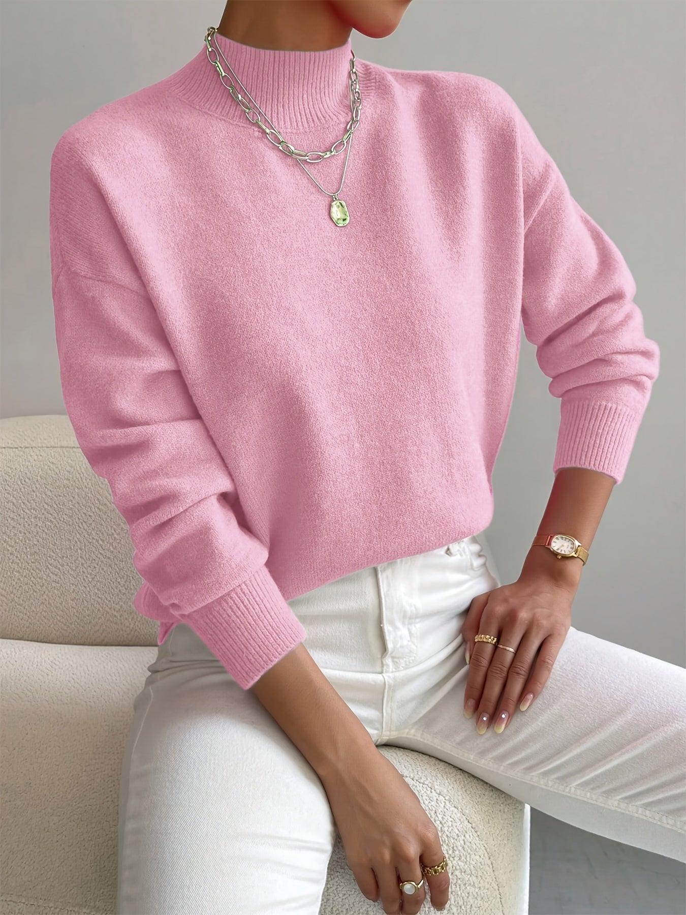 Casual Mock Neck Sweater with Ribbed Cuffs and Relaxed Fit
