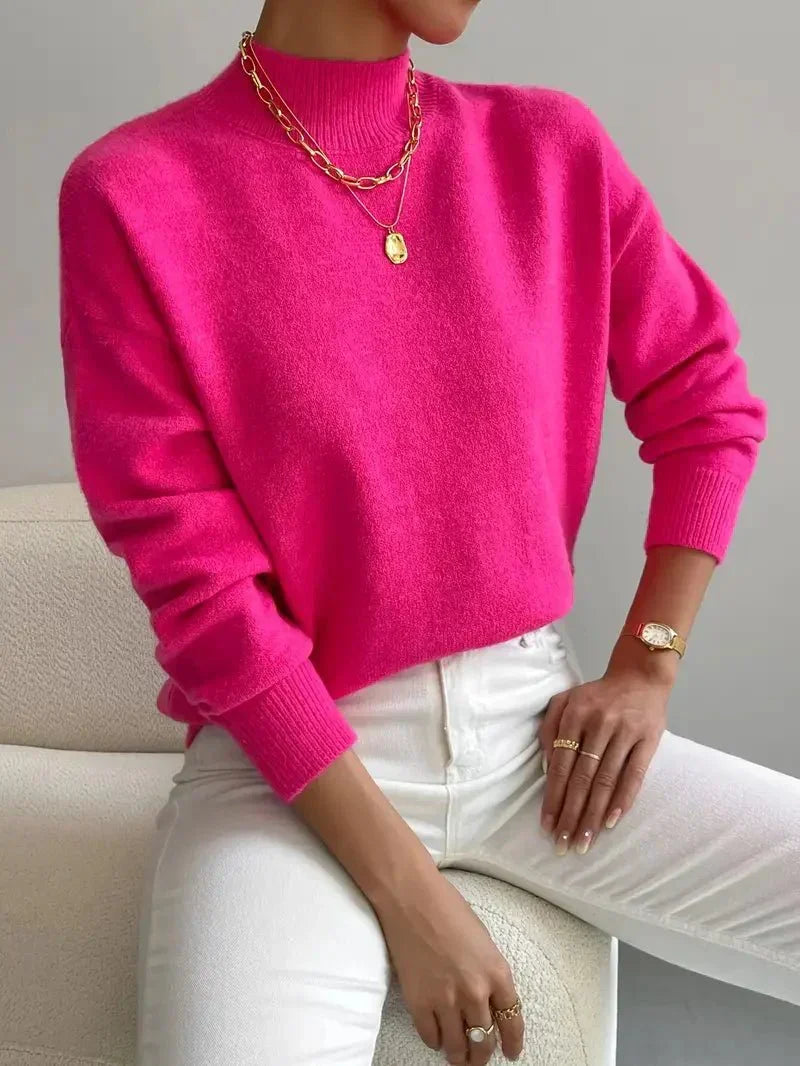 Casual Mock Neck Sweater with Ribbed Cuffs and Relaxed Fit