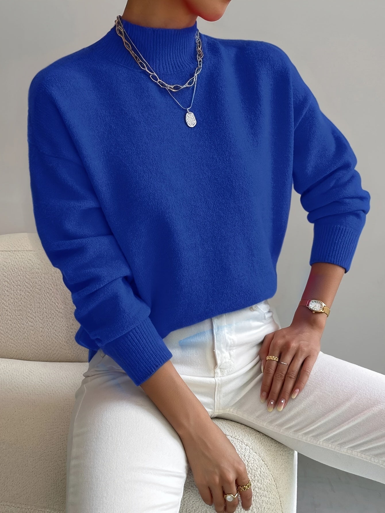Casual Mock Neck Sweater with Ribbed Cuffs and Relaxed Fit