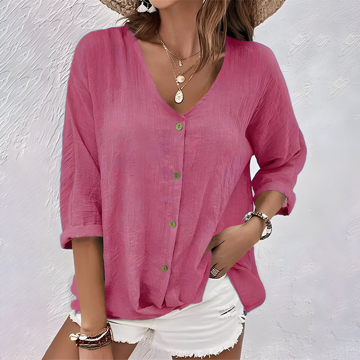 Effortless Linen Blouse with Deep V-Neck and Button Closure
